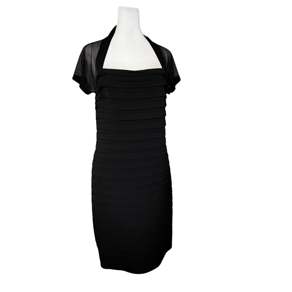 Maggy London Black Square Neck Illusion Back Pleated Cocktail Dress Size 10 - Picture 3 of 6